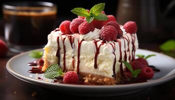 ai generado un gastrónomo postre plato con frambuesa tarta de queso y azotado crema generado por ai foto