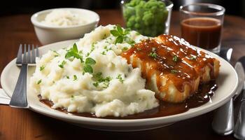 AI generated Grilled pork steak with mashed potatoes, salad, and savory sauce generated by AI photo