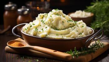 AI generated Freshly cooked mashed potatoes on a rustic wooden table generated by AI photo