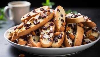 ai generado hecho en casa chocolate chip Galleta, un dulce indulgencia en de madera mesa generado por ai foto