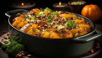 ai generado Fresco vegetariano comida cocido con orgánico calabaza en un rústico mesa generado por ai foto