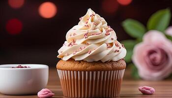 AI generated Freshly baked homemade cupcakes with sweet icing and gourmet decoration generated by AI photo