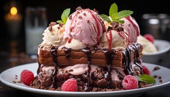 AI generated Indulgent dessert homemade chocolate brownie with fresh berries and mint generated by AI photo