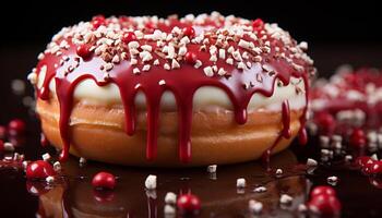 AI generated Indulgent dessert chocolate donut with strawberry icing and candy generated by AI photo