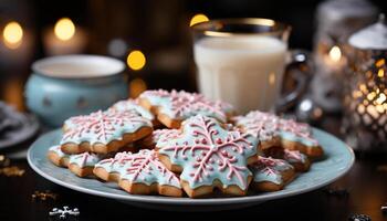 AI generated Homemade chocolate snowflake shortbread on winter celebration table generated by AI photo