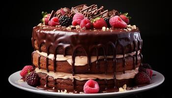 AI generated A fresh slice of homemade chocolate cake with raspberry decoration generated by AI photo