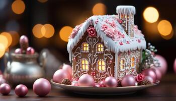 AI generated Homemade gingerbread house, decorated with icing and candy, on table generated by AI photo