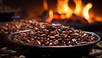 AI generated Freshly brewed coffee beans release a rich, aromatic steam generated by AI photo