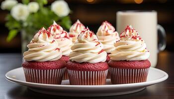AI generated Freshly baked homemade cupcakes with chocolate icing and raspberry topping generated by AI photo