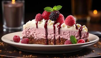 AI generated Indulgent homemade dessert raspberry cheesecake with chocolate and mint generated by AI photo