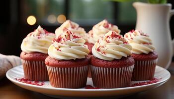 AI generated Freshly baked homemade cupcakes with chocolate icing and strawberry decoration generated by AI photo