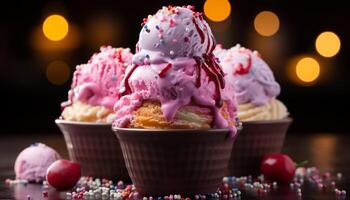 AI generated Homemade dessert sweet, fresh fruit, indulgence, creamy ice cream generated by AI photo