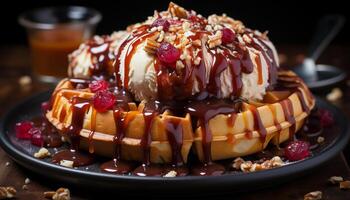 AI generated Freshness and sweetness on a plate homemade chocolate waffle stack generated by AI photo