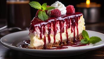 AI generated Homemade gourmet dessert chocolate cheesecake with fresh raspberry and mint generated by AI photo