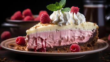 AI generated Fresh raspberry dessert, gourmet indulgence, sweet fruit slice on plate generated by AI photo