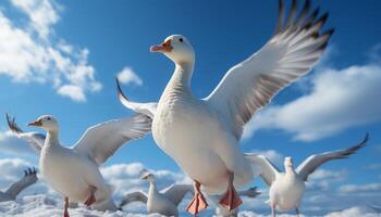 AI generated Seagull flying freely, close to clear sky, coastline and water generated by AI photo