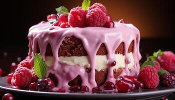 AI generated Freshness and indulgence on a plate of gourmet raspberry dessert generated by AI photo