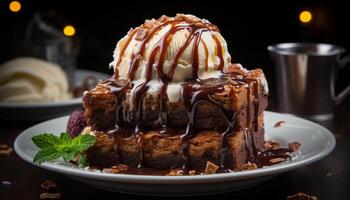 ai generado un plato de indulgente, hecho en casa chocolate postre con azotado crema generado por ai foto