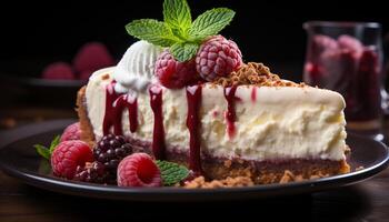 AI generated Freshness and sweetness on a plate, homemade berry cheesecake generated by AI photo