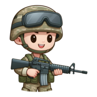 AI generated cute soldier cartoon with gun half body PNG transparent background