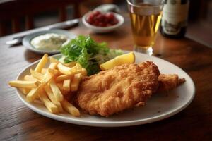 AI generated Chicken schnitzel with fried potatoes and salad.Close up view photo