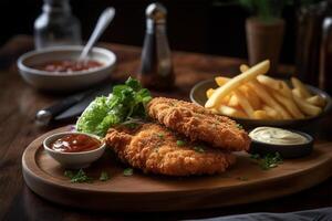 AI generated Chicken schnitzel with fried potatoes and salad.Close up view photo