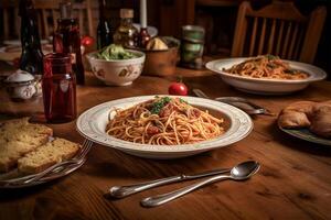 AI generated A delicious napoletana spaghetti on wooden table.Closeup view photo