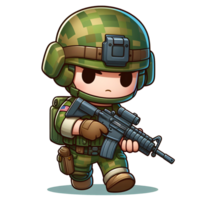 ai généré adorable soldat personnage avec pistolet. dessin animé caricature png