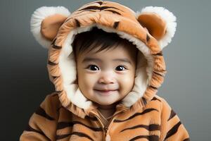 AI generated Portrait of a baby child wearing a tiger costume on isolated background photo