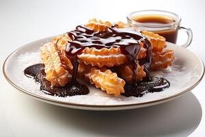 AI generated Churros and chocolate sauce standing on a plate isolated white background photo