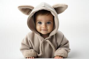 AI generated Portrait of a baby child wearing a bunny costume on isolated background photo