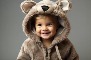 AI generated Portrait of a baby child wearing a bear costume on isolated background photo