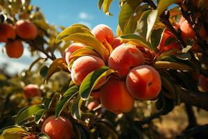 AI generated Fresh and wet peaches on the tree.Close up view in sunlight photo