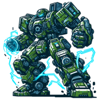 AI generated giant green robot cartoon with electric power PNG transparent background