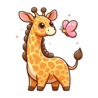 AI generated baby giraffe with butterfly cartoon illustration PNG transparent background