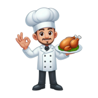 ai generado cocinero dibujos animados personaje participación frito pollo con Okay dedo actitud png