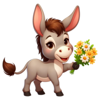 AI generated cartoon donkey holding flowers PNG transparent background