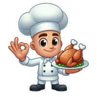 ai gerado chefe de cozinha desenho animado personagem segurando frito frango com Está bem dedo pose png