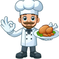 ai gerado chefe de cozinha desenho animado personagem segurando frito frango com Está bem dedo pose png