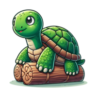 AI generated baby turtle on wood cartoon illustration PNG transparent background