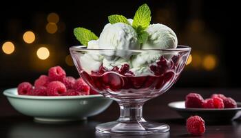 ai generado Fresco frambuesa postre en de madera mesa con menta hoja decoración generado por ai foto