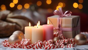 AI generated Christmas gift decoration candle flame illuminates winter celebration generated by AI photo