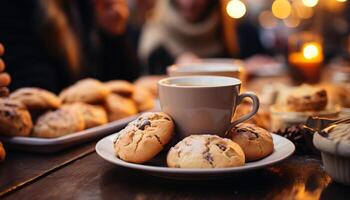 AI generated Homemade dessert chocolate chip cookie and coffee, perfect winter indulgence generated by AI photo