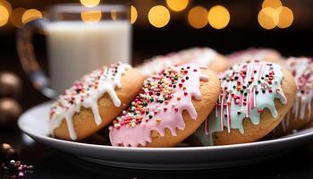 AI generated Homemade dessert table chocolate donut, candy, and milk refreshment generated by AI photo