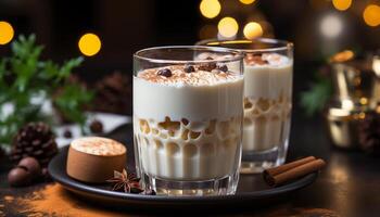 ai generado hecho en casa batido, un dulce, refrescante postre con chocolate y crema generado por ai foto