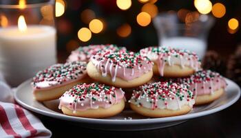 AI generated Homemade gourmet dessert chocolate cookie with strawberry icing decoration generated by AI photo