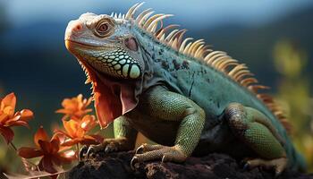 ai generado un linda verde iguana en el tropical selva, mirando a cámara generado por ai foto