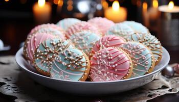 ai generado hecho en casa gastrónomo postre chocolate Galleta con vistoso Formación de hielo decoración generado por ai foto