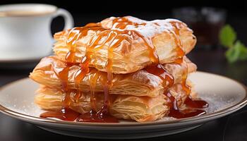 AI generated Fresh homemade pancakes stacked on a wooden plate, drizzled with syrup generated by AI photo