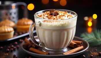 AI generated Homemade gourmet dessert hot chocolate with whipped cream and spices generated by AI photo